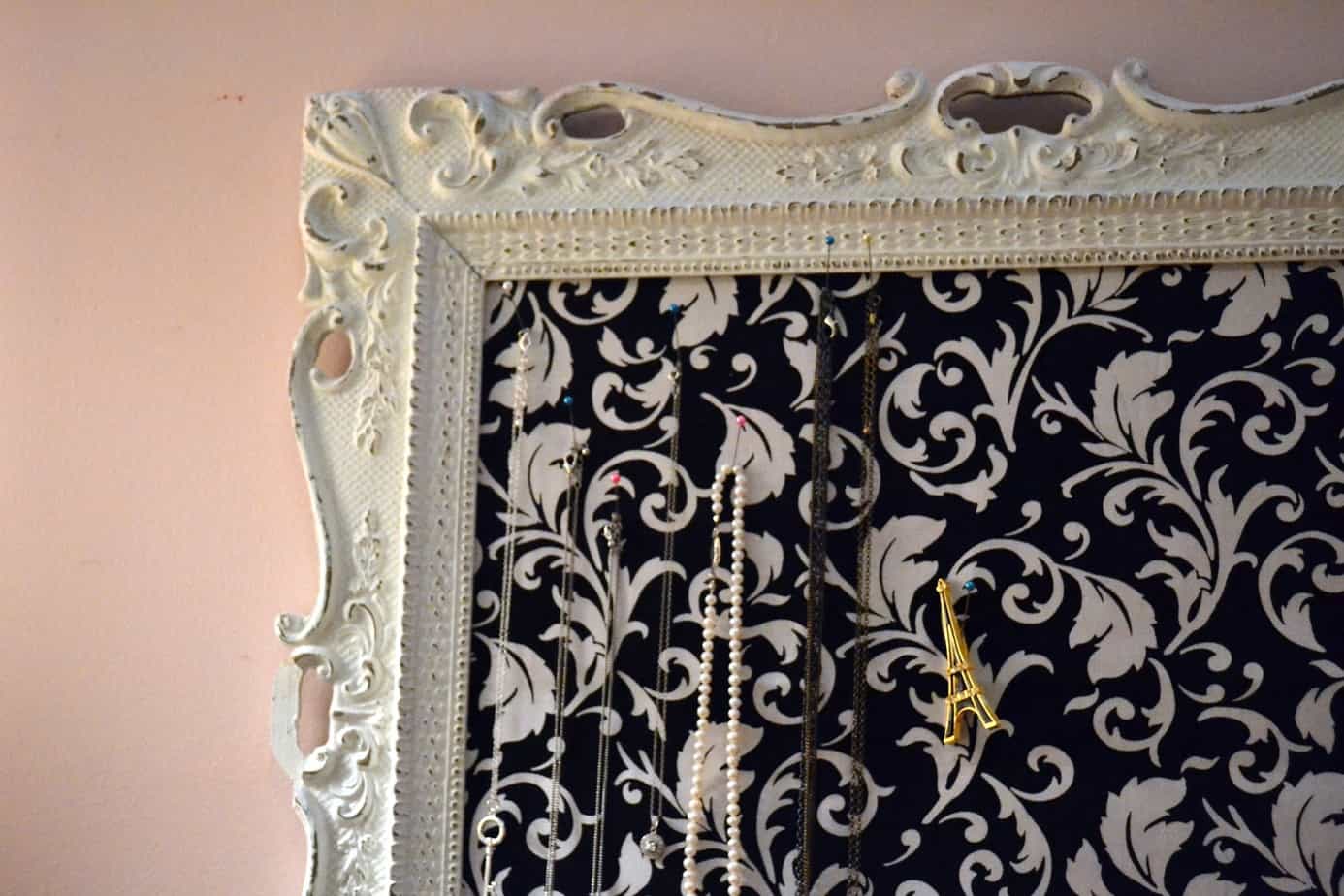 Voila!  Estate sale frame repurposed into jewelry bulletin board