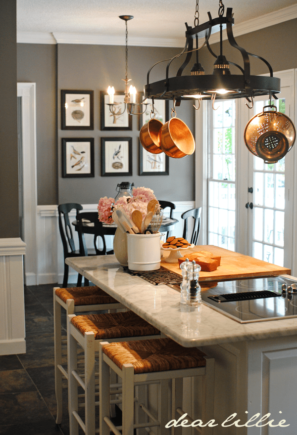 kitchen with hanging pots and Chelsea Gray Walls