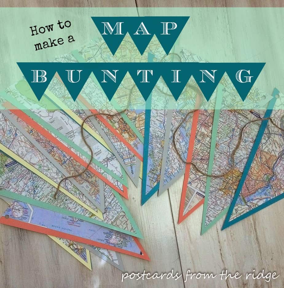 How to make a map bunting. She used maps of places they've traveled to. This one can be easily added to.