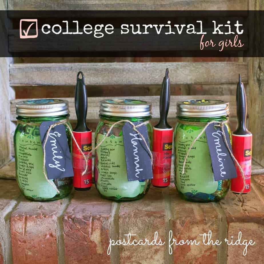 college survival kits in green mason jars on brick hearth