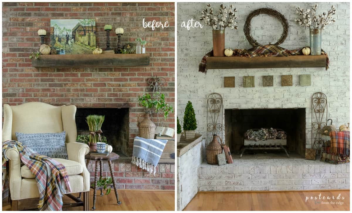 dated brick fireplace before and after update with paint