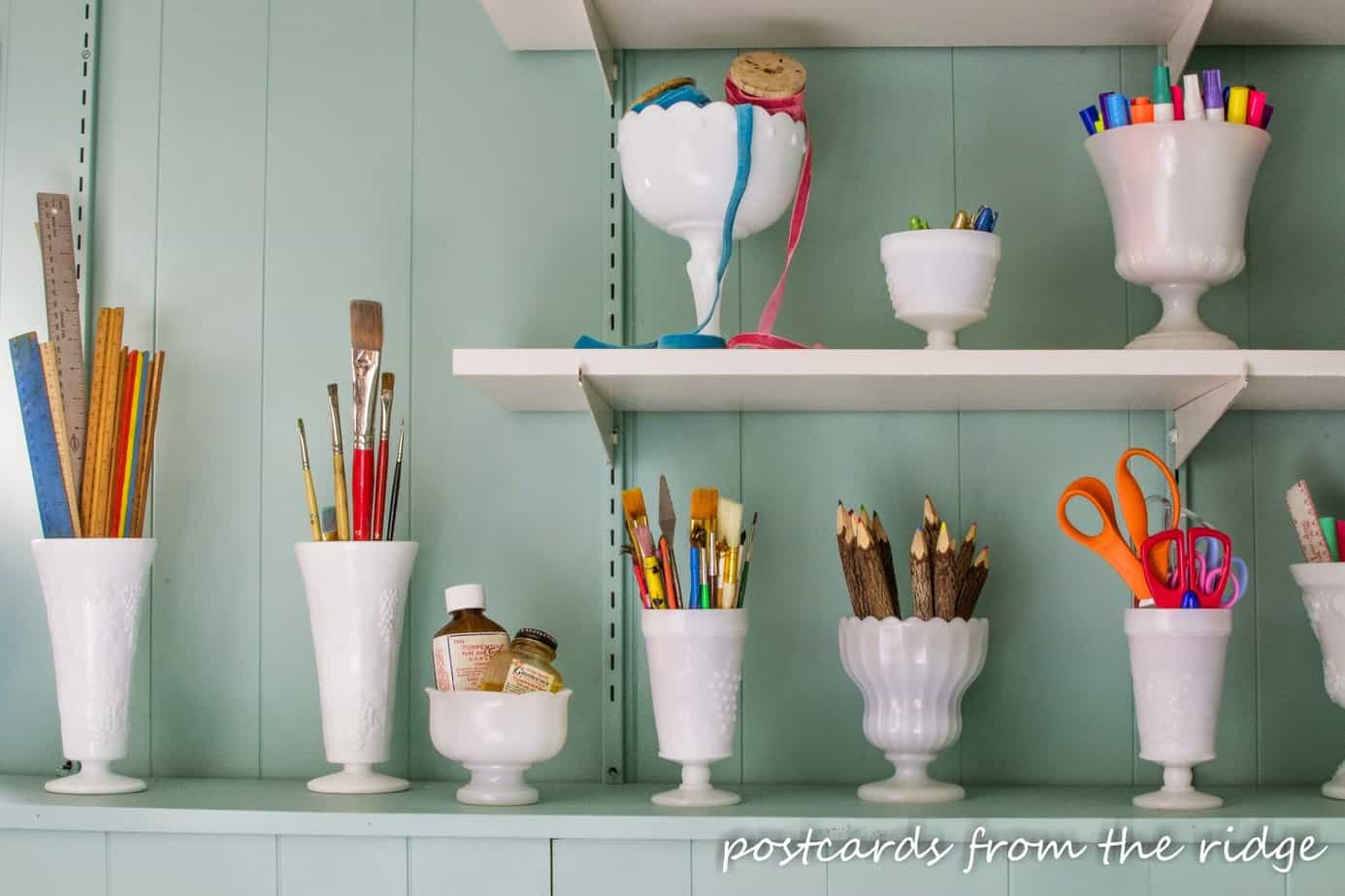 Using thrifted milk glass for organizing craft supplies. I love this!! #organize