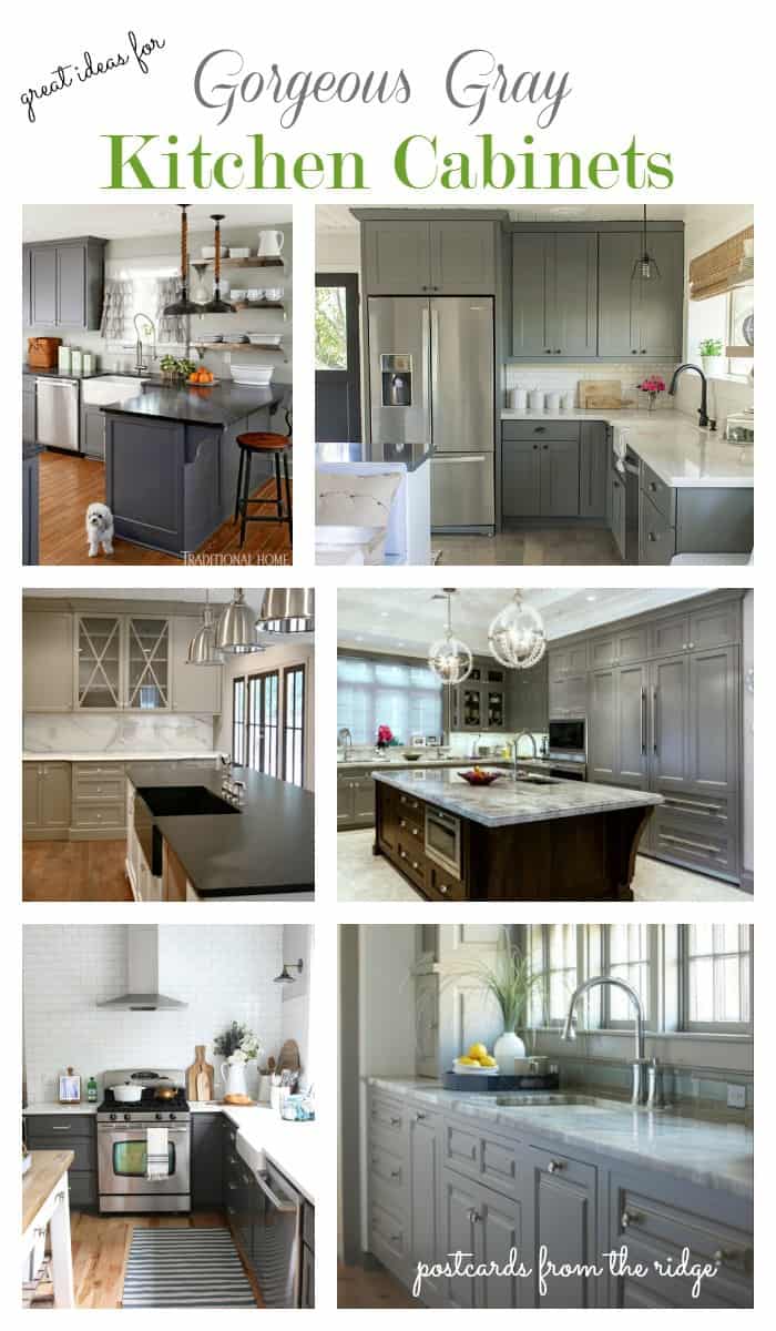 Lots of great ideas for gray painted cabinets. These are all so gorgeous! Postcards from the Ridge. 