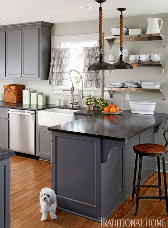 Kitchen cabinets painted with Benjamin Moore Kendall Charcoal. I love the open shelving too! 