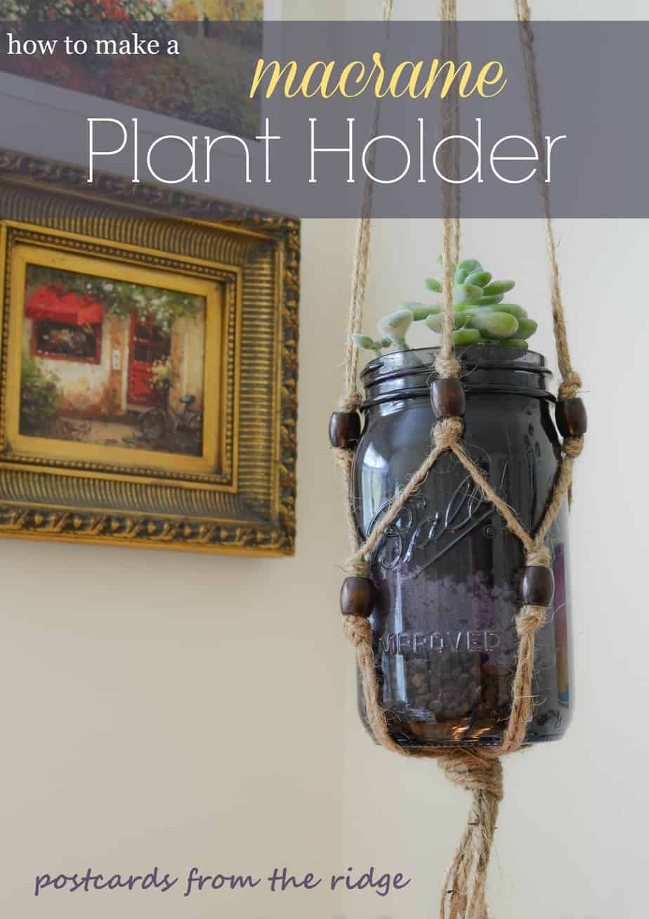 purple mason jar with macrame plant holder