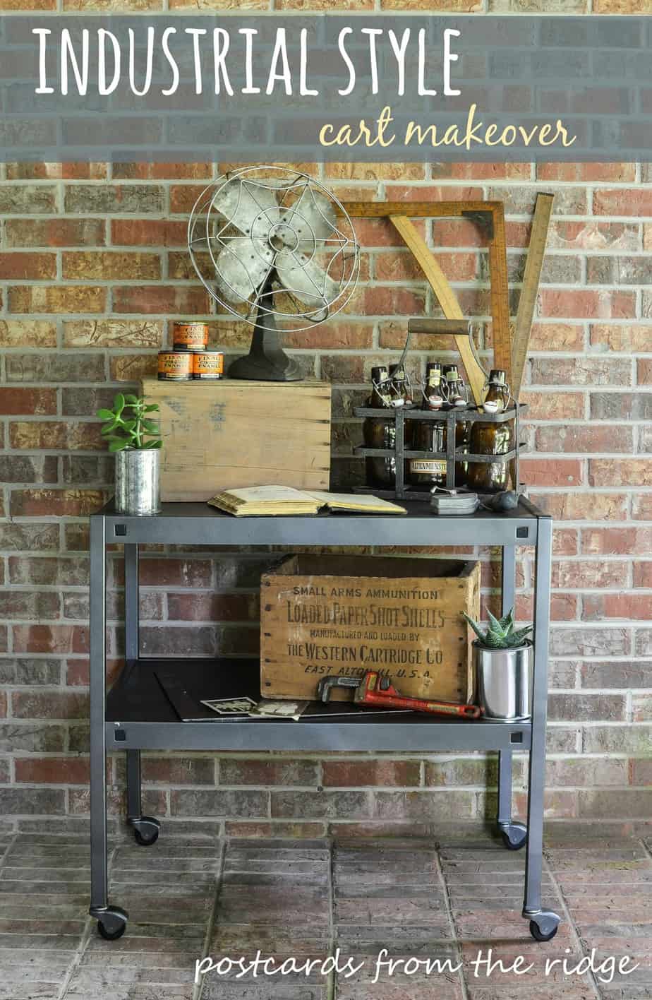 How to easily transform a boring commercial cart into a stylish industrial piece. Could be used as a bar cart or coffee station. Love the styling! Postcards from the Ridge