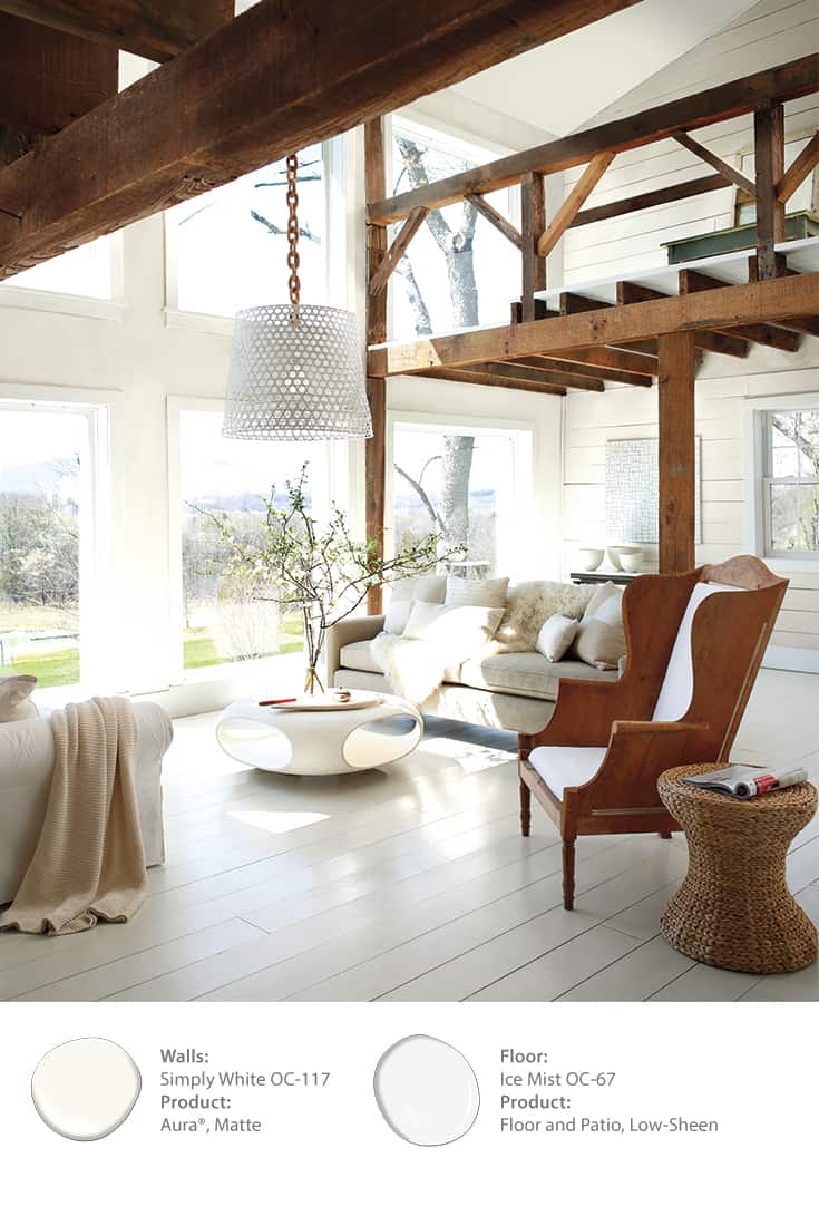 rustic living room painted with benjamin moore simply white