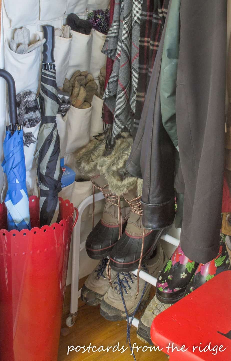 Shoe organizer, umbrella holder, pocket organizer plus lots of other great coat closet organizing ideas.