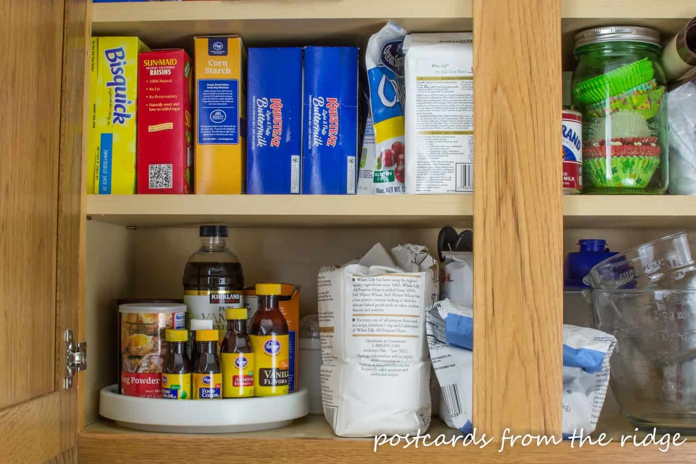Lazy susan in the baking cabinet plus many more kitchen organization ideas. 