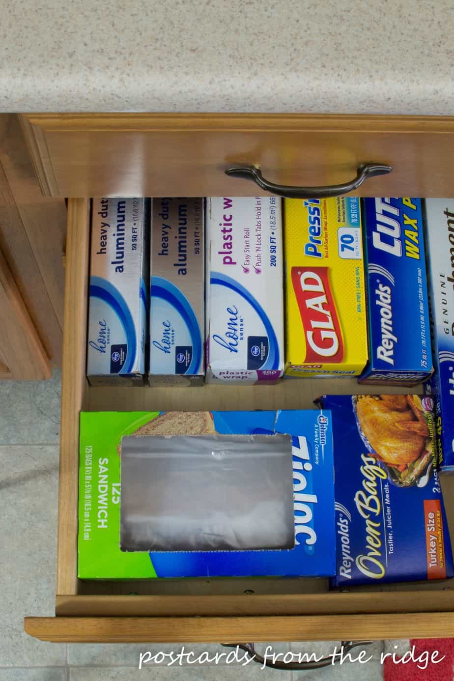 Store bags and wraps in a drawer plus lots of other great kitchen organization ideas. 