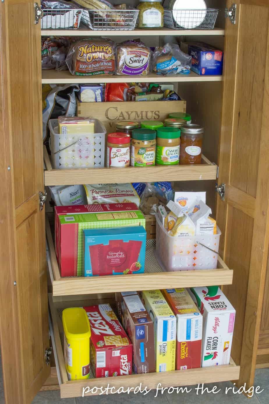 Store cereal boxes on their sides. Many more great kitchen organization ideas. 