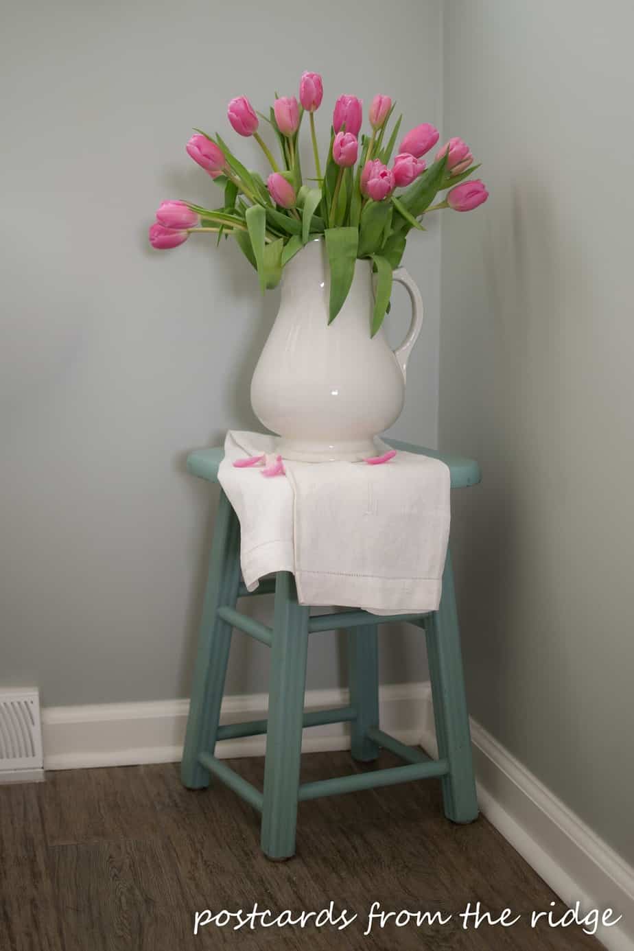 Pretty Pink Tulips in a vintage white pitcher. Postcards from the Ridge