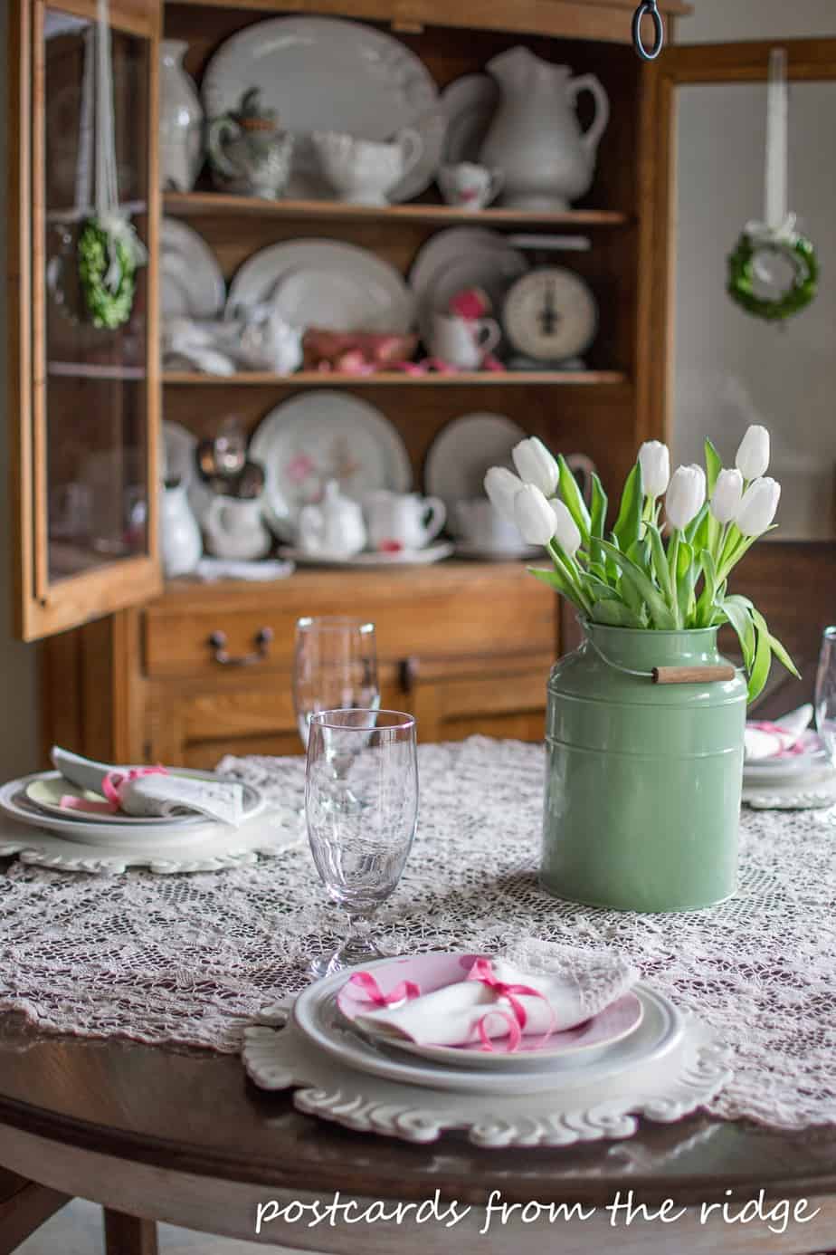 Spring table ideas using lace, flowers, pastels, and vintage finds. Postcards from the Ridge