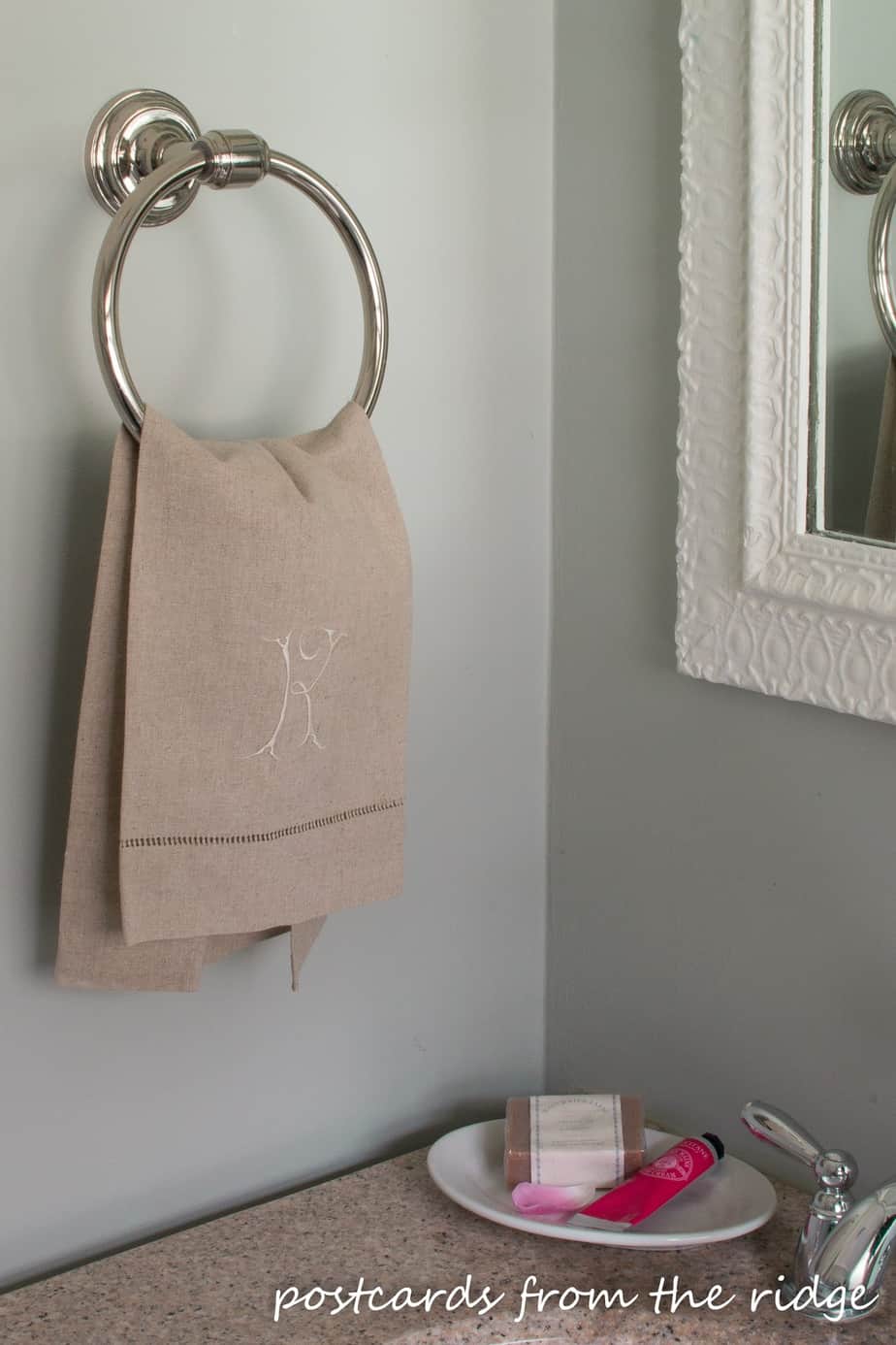 Monogrammed linen guest towel. Postcards from the Ridge