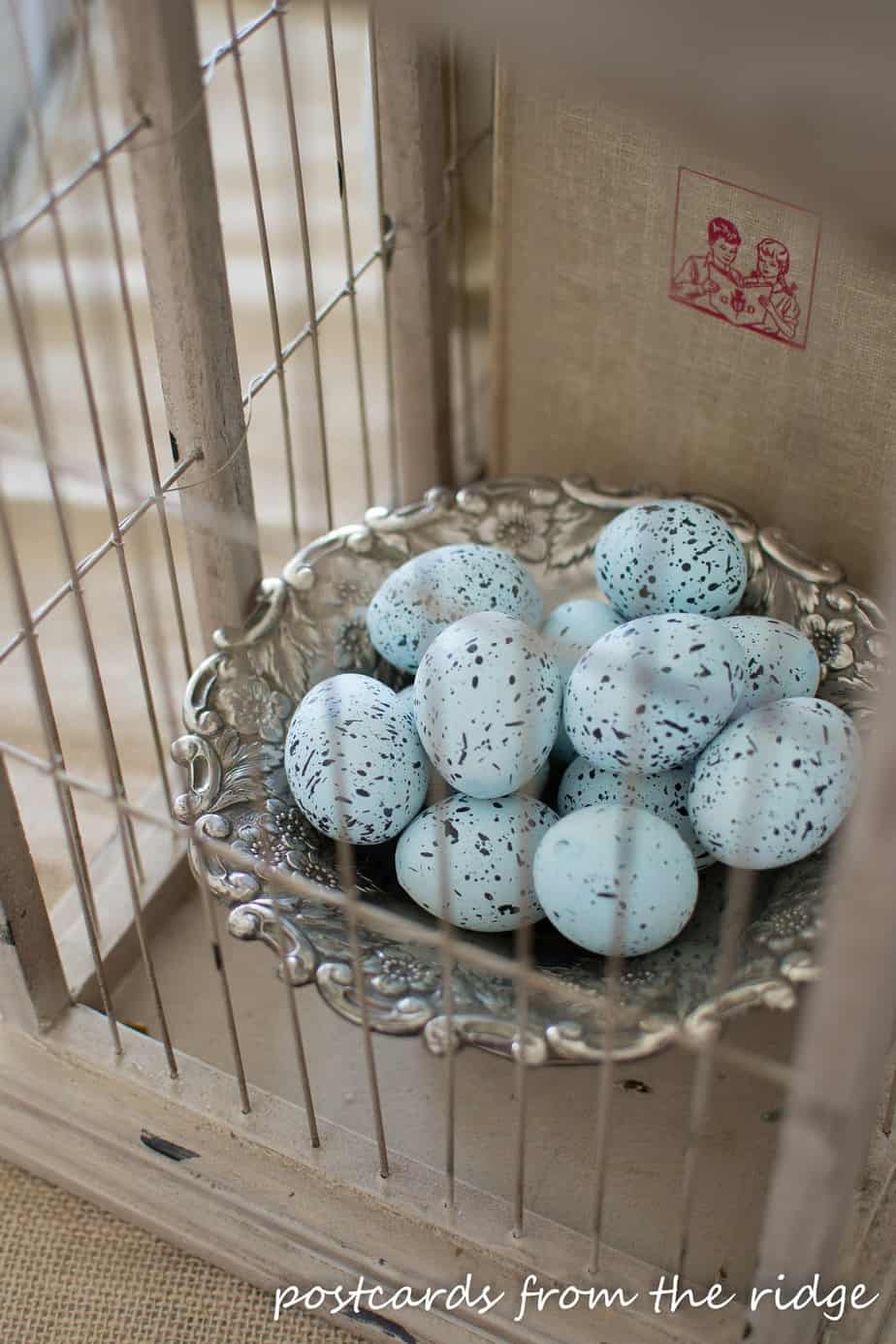 Blue Ceramic Robin Eggs in a Vintage Silver Bowl. Lots of pretty spring decor ideas here. Postcards from the Ridge.