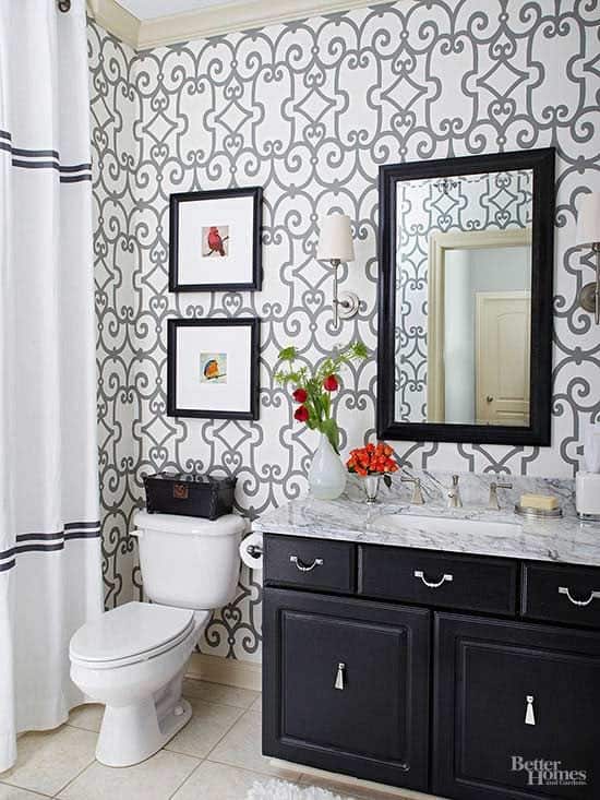 scroll wallpaper design in bathroom