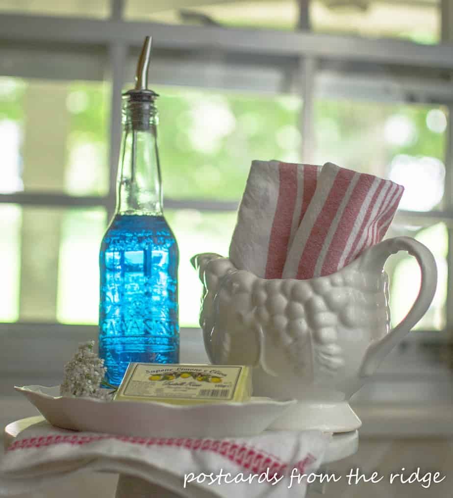 dish soap dispenser with red stripe  dish towels