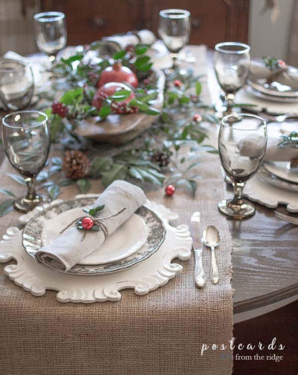 Christmas table with burlap runner and natural, rustic deccor