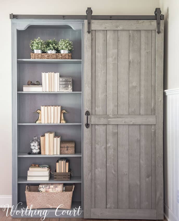 painted and styled bookcases with farmhouse decor