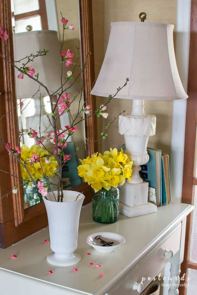quince branches and daffodils in a spring entry