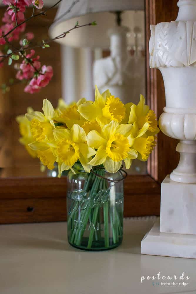blue mason jar with yellow daffodils