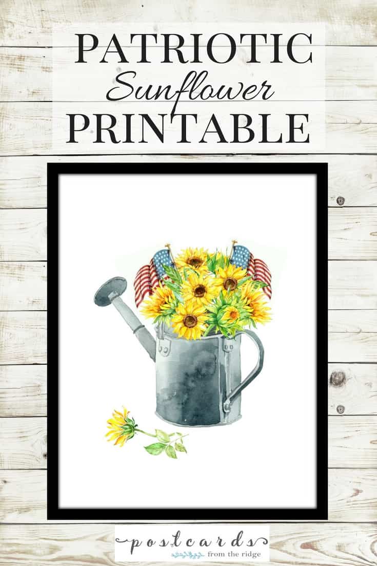 patriotic sunflower in metal watering can printable art