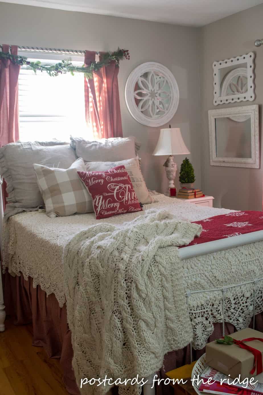 Love this cozy, cottage bedroom decorated for Christmas.