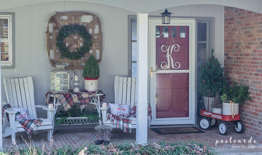 Farmhouse style Christmas front porch decor