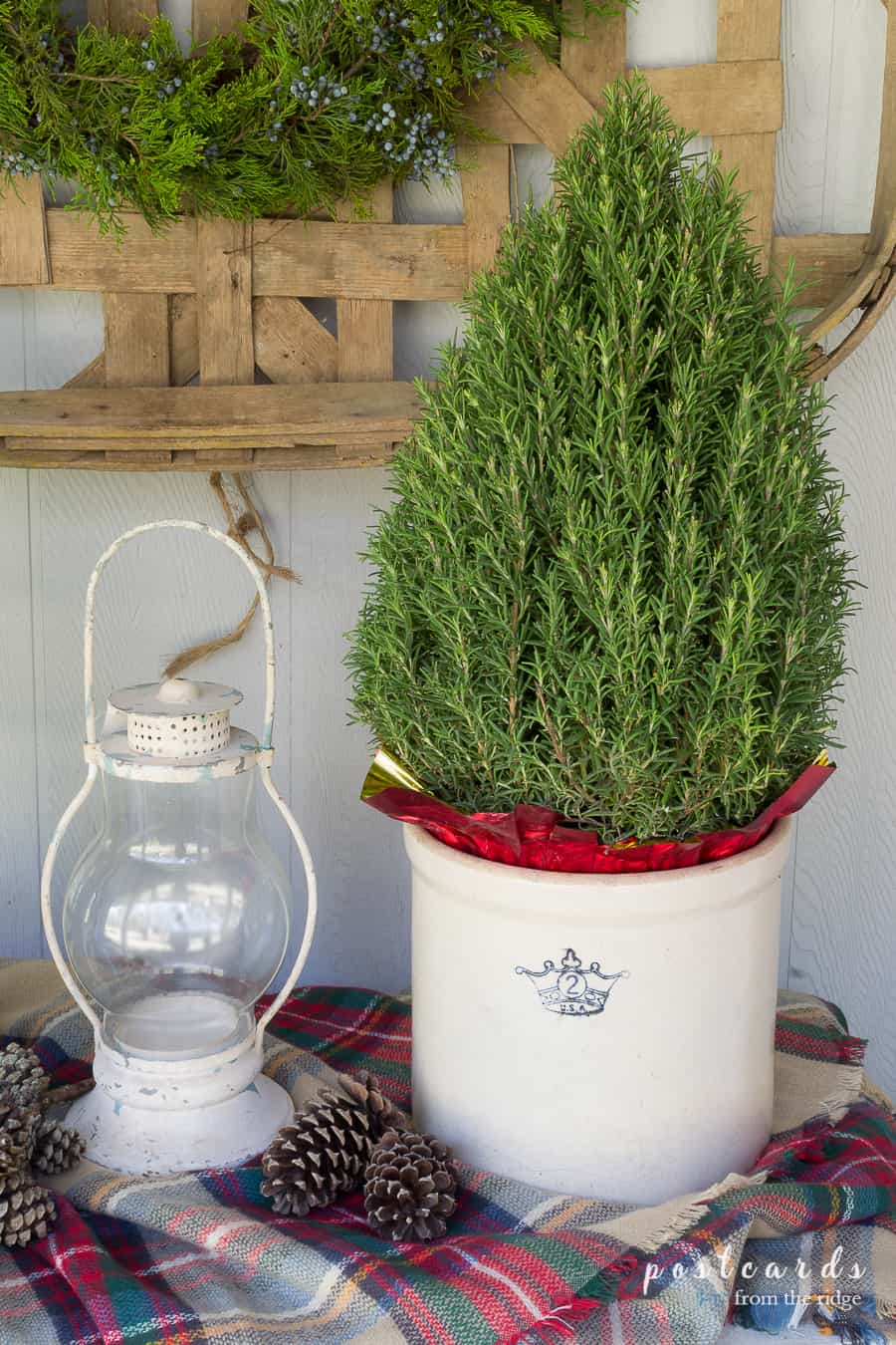 Rosemary tree and railroad lantern for Christmas decor
