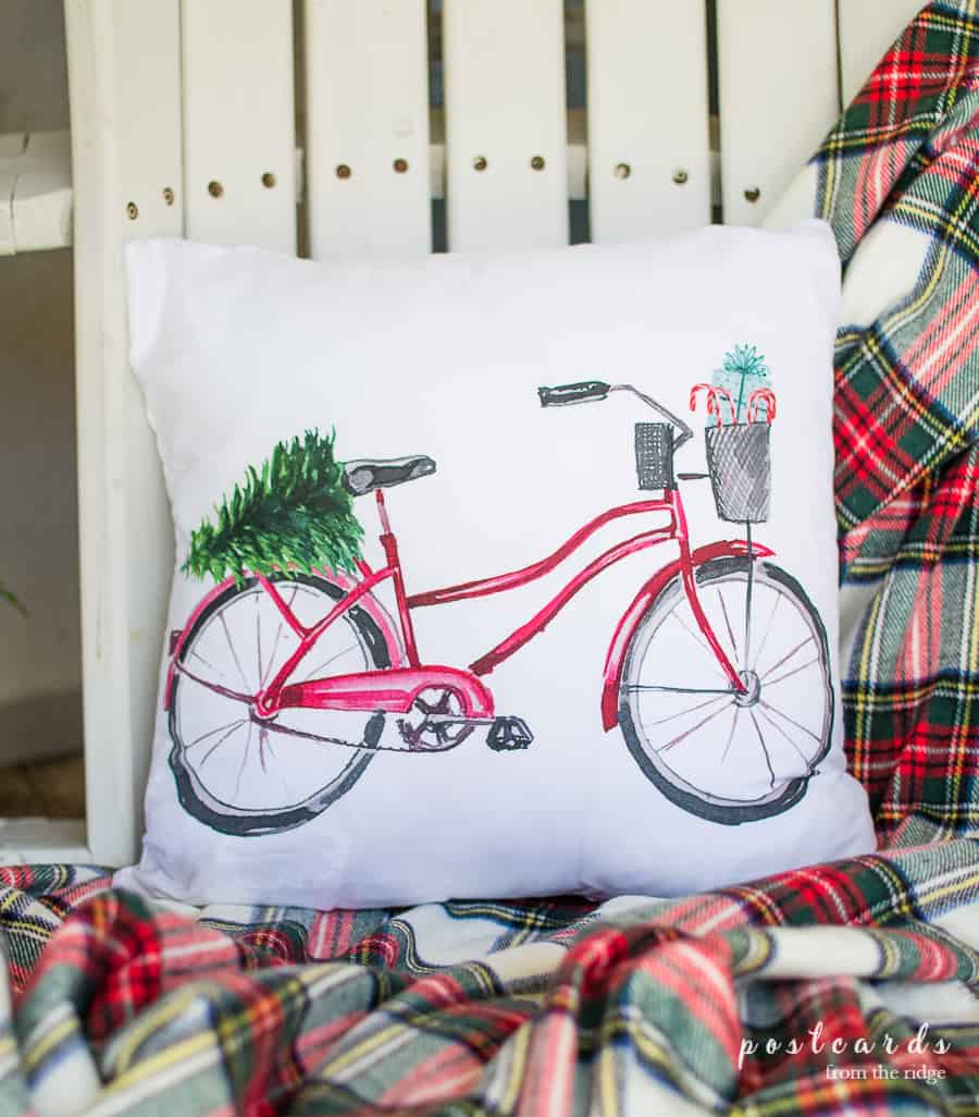 fun red bicycle Christmas pillow cover and plaid throw blanket