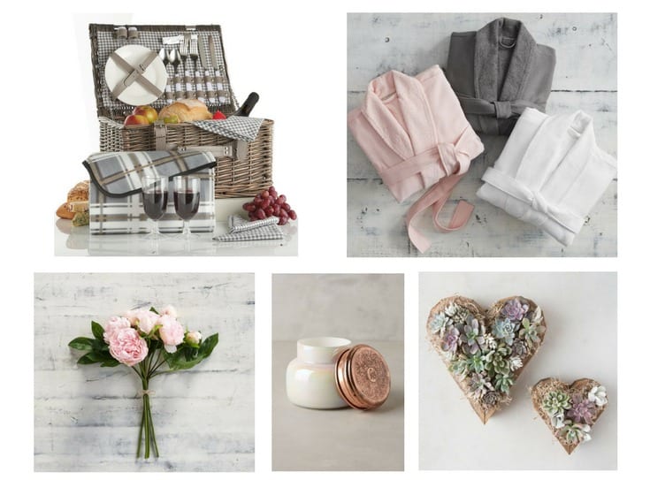 picnic basket, spa robes, peony bouquet, candle, and heart shaped succulent wall planters