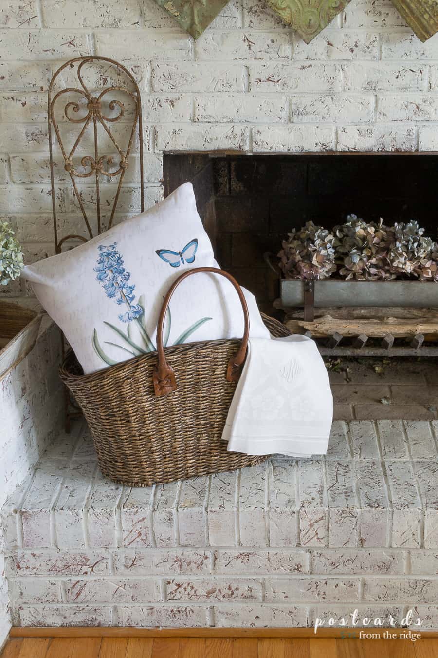 basket with blue hyacinth botanical pillow