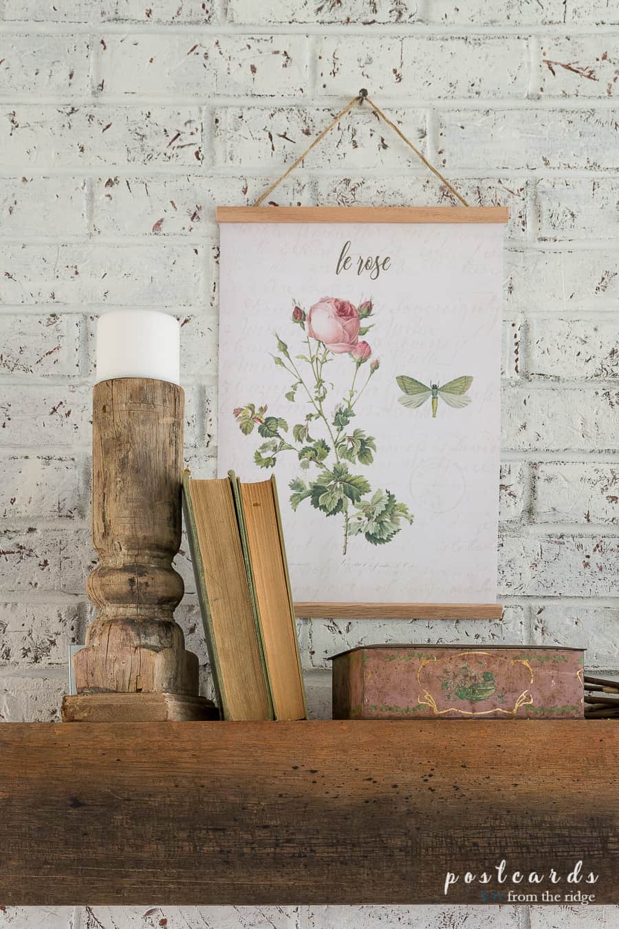 vintage themed mantel with rose botanical print