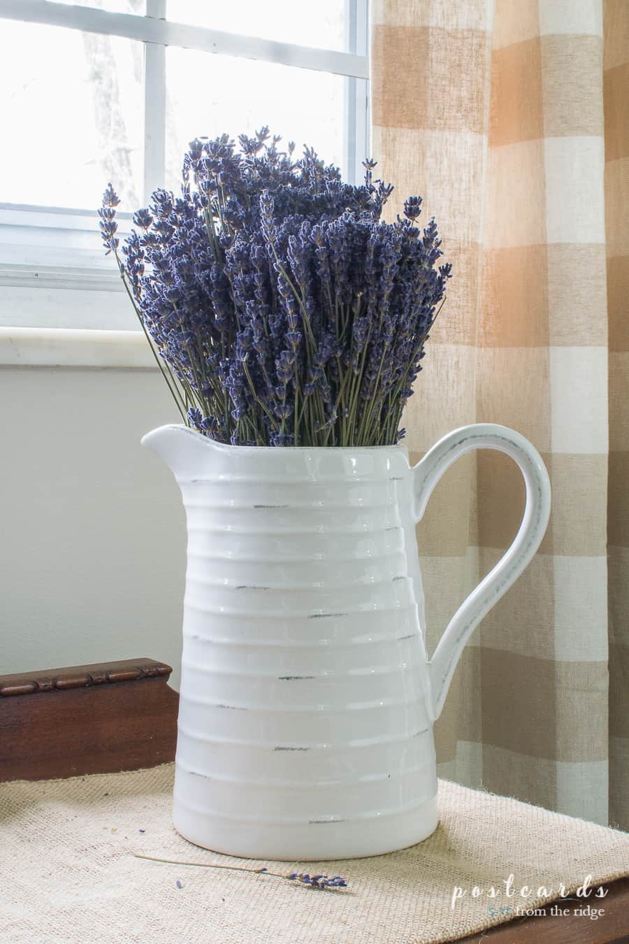 white ceramic pitcher with dried lavender 