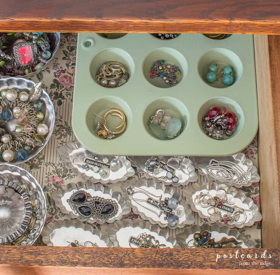 vintage muffin pan and tart tins organizing jewelry