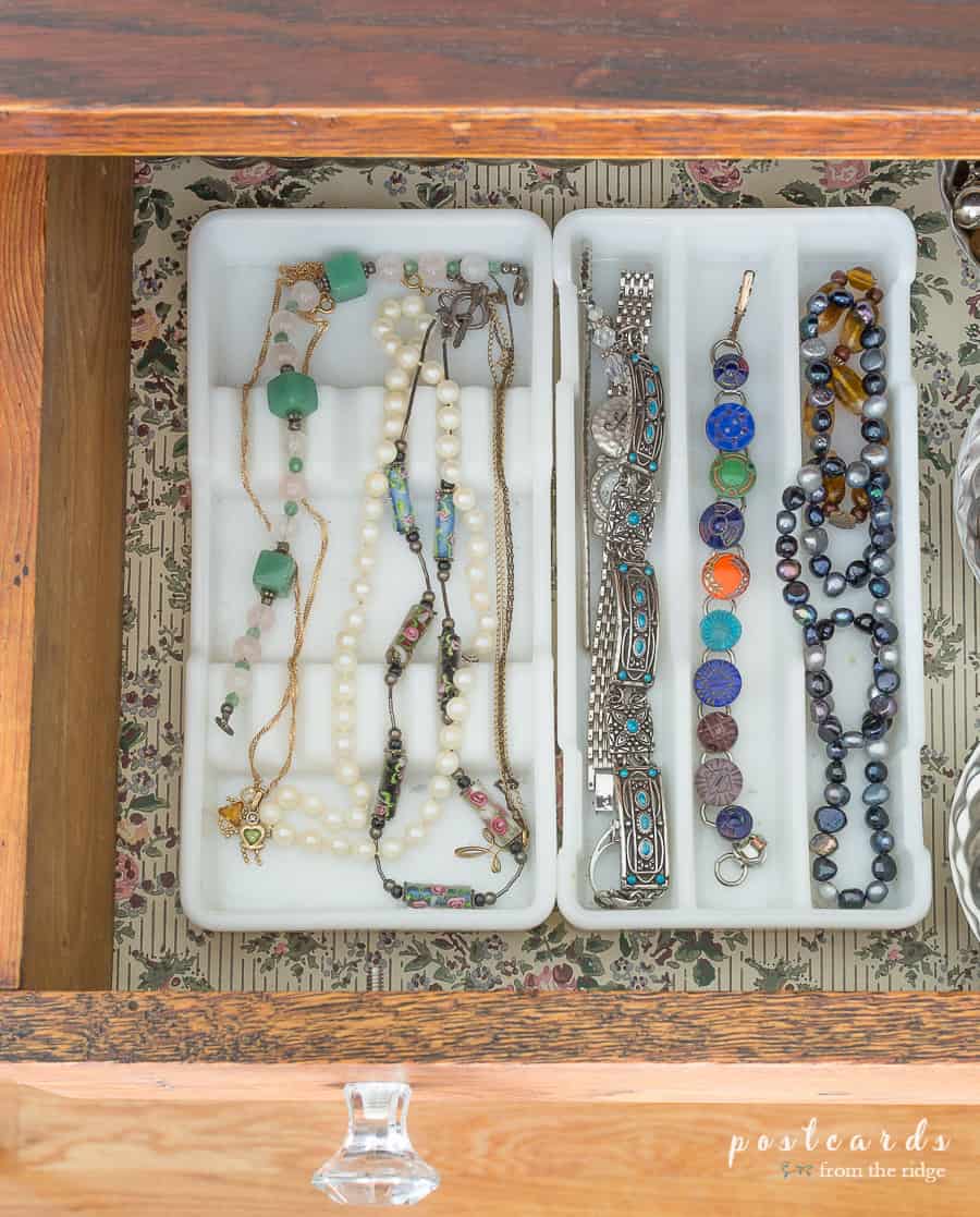 vintage milk glass dental trays organizing bracelets and necklaces