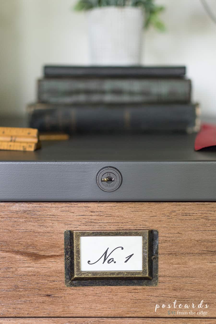 vintage labels on file cabinet