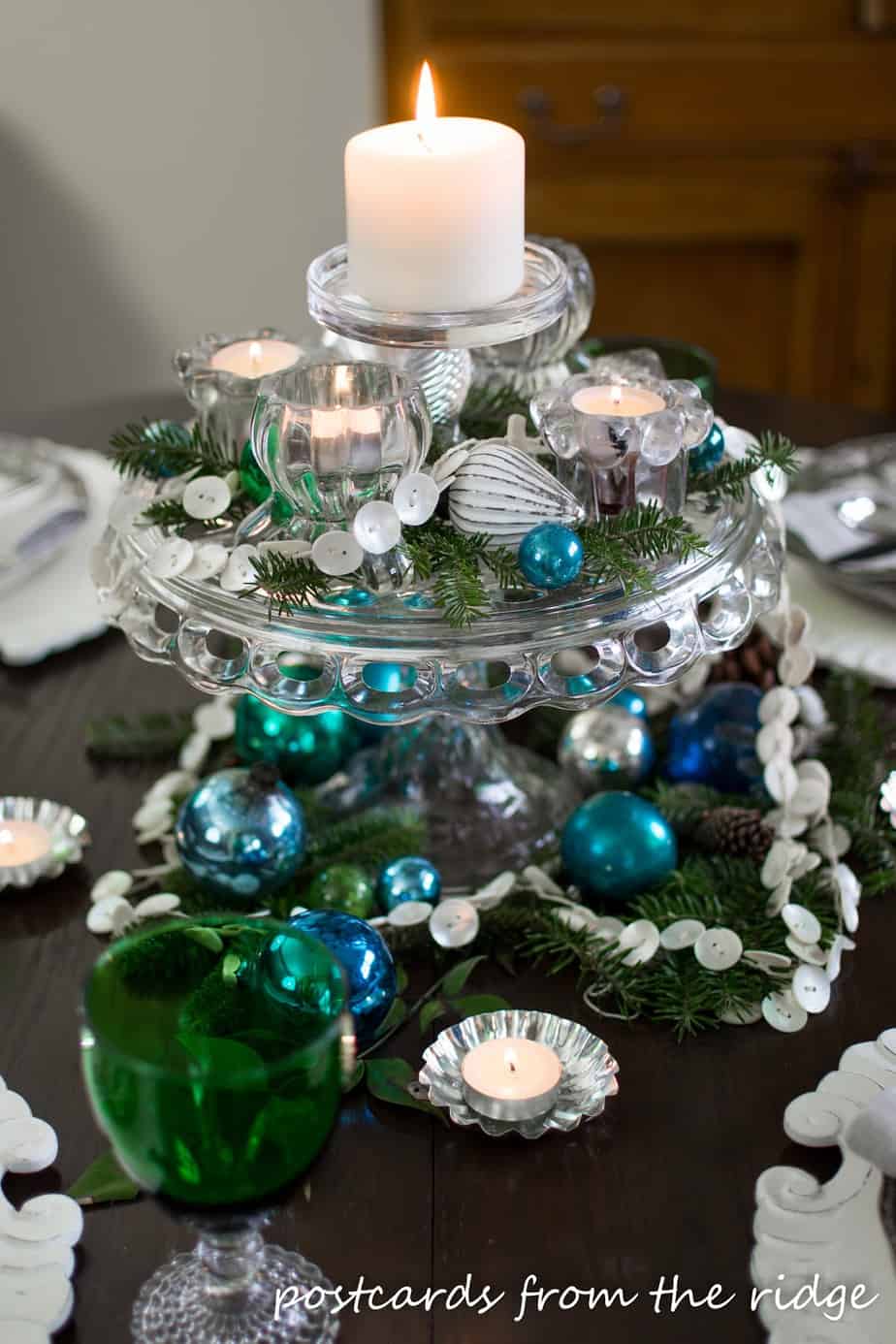 glass cake stand and candle holders