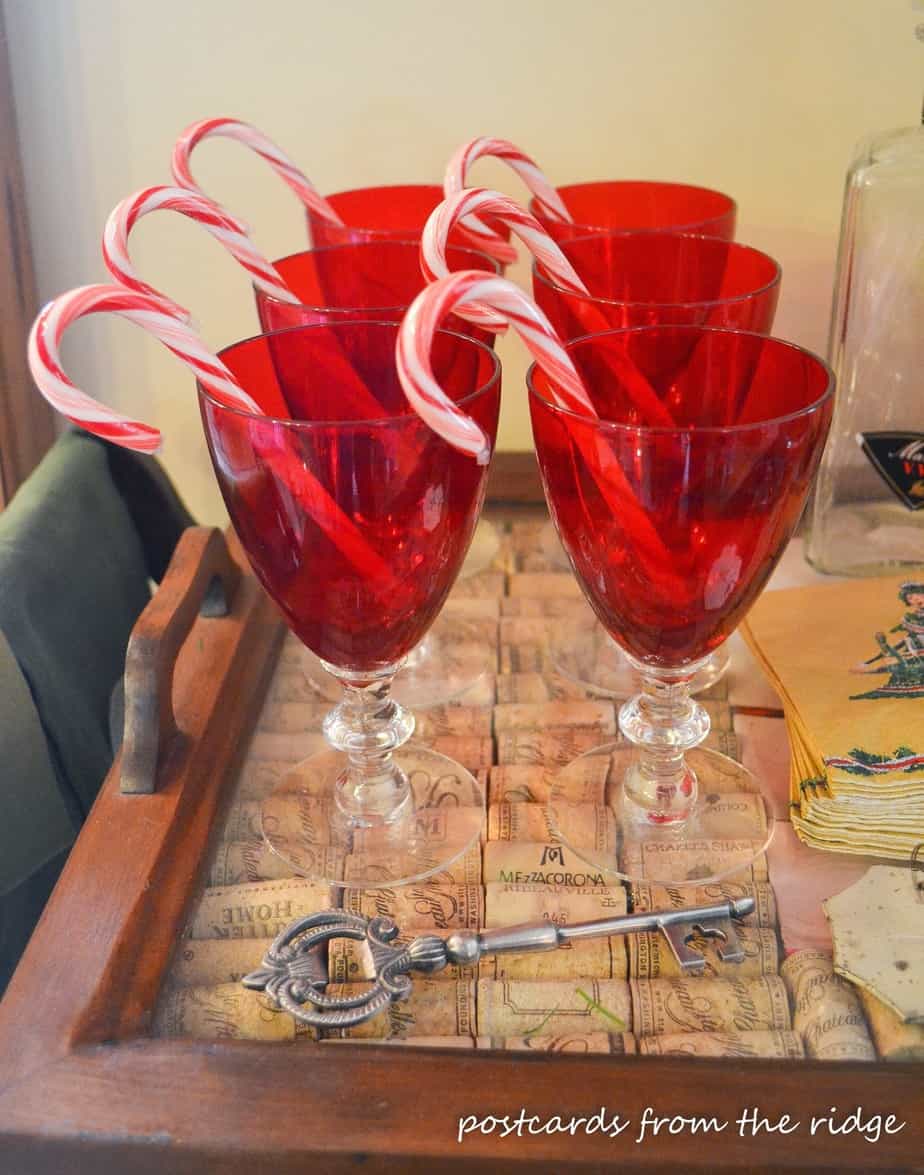 candy canes in vintage red goblets