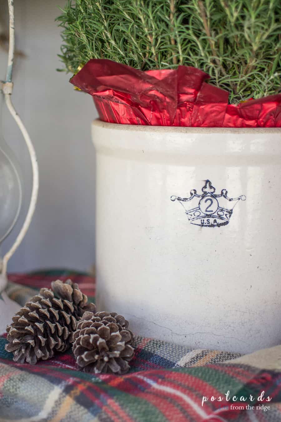 old ironstone crock with rosemary tree