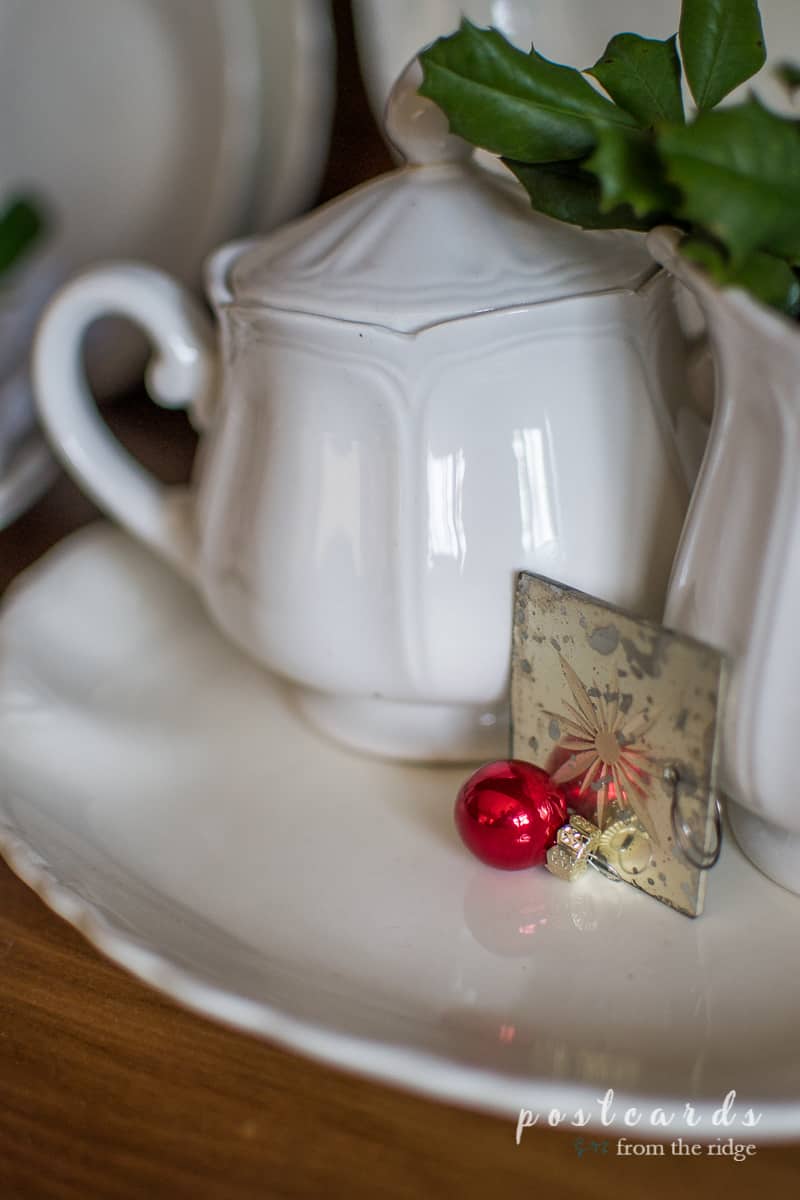 old ironstone sugar bowl and mini Christmas ornament
