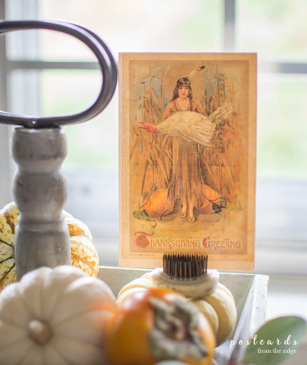 tiered tray with vintage Thanksgiving postcard
