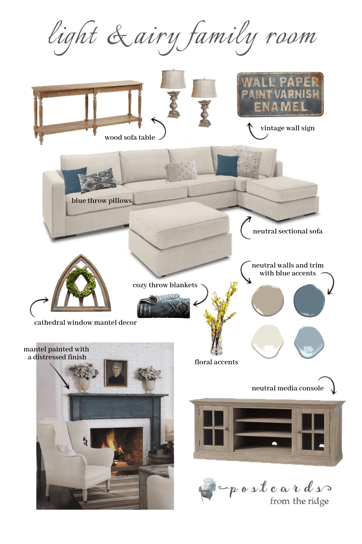 white sofa and accessories for family room makeover