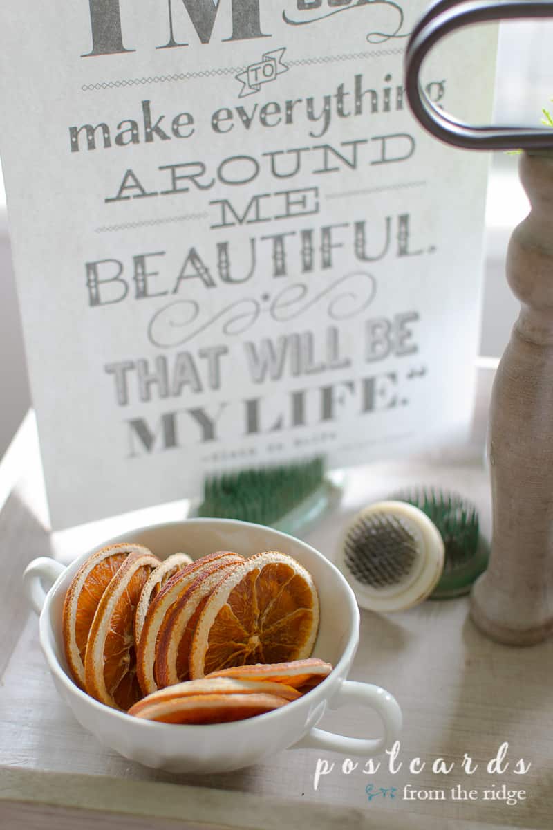 dried oranges in a vintage ironstone sugar bowl with scripted artwork