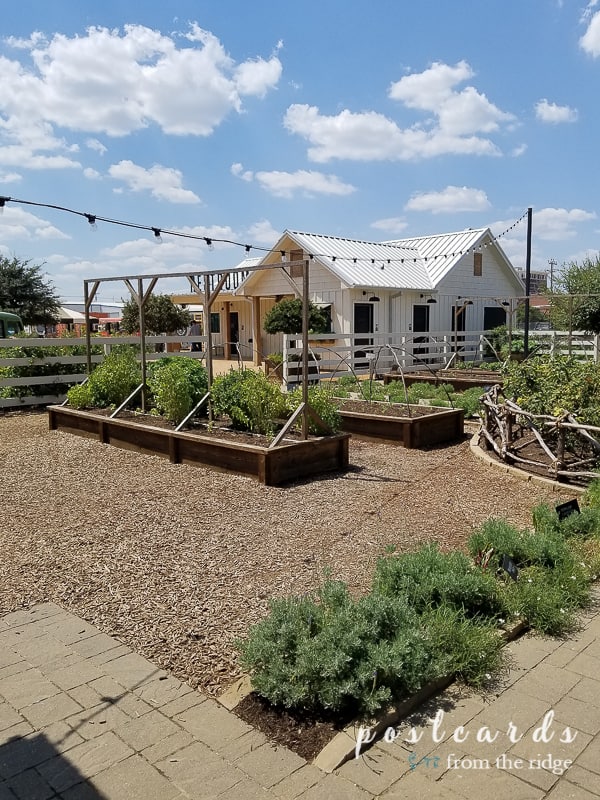 herb gardens and white painted building at magnolia market