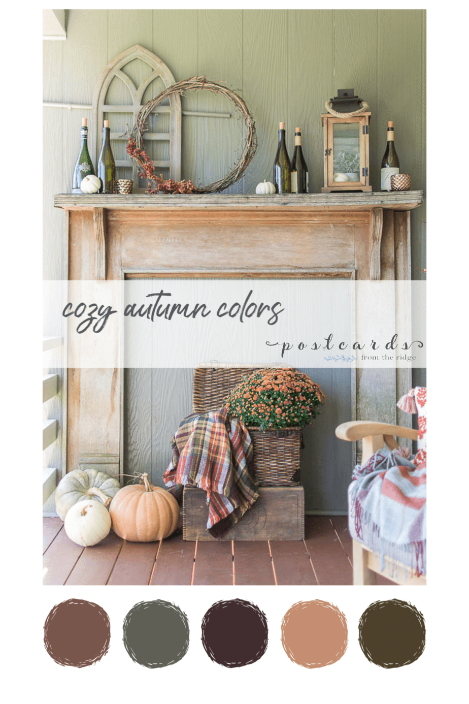 cozy rustic fall mantel with coordinating paint color palette
