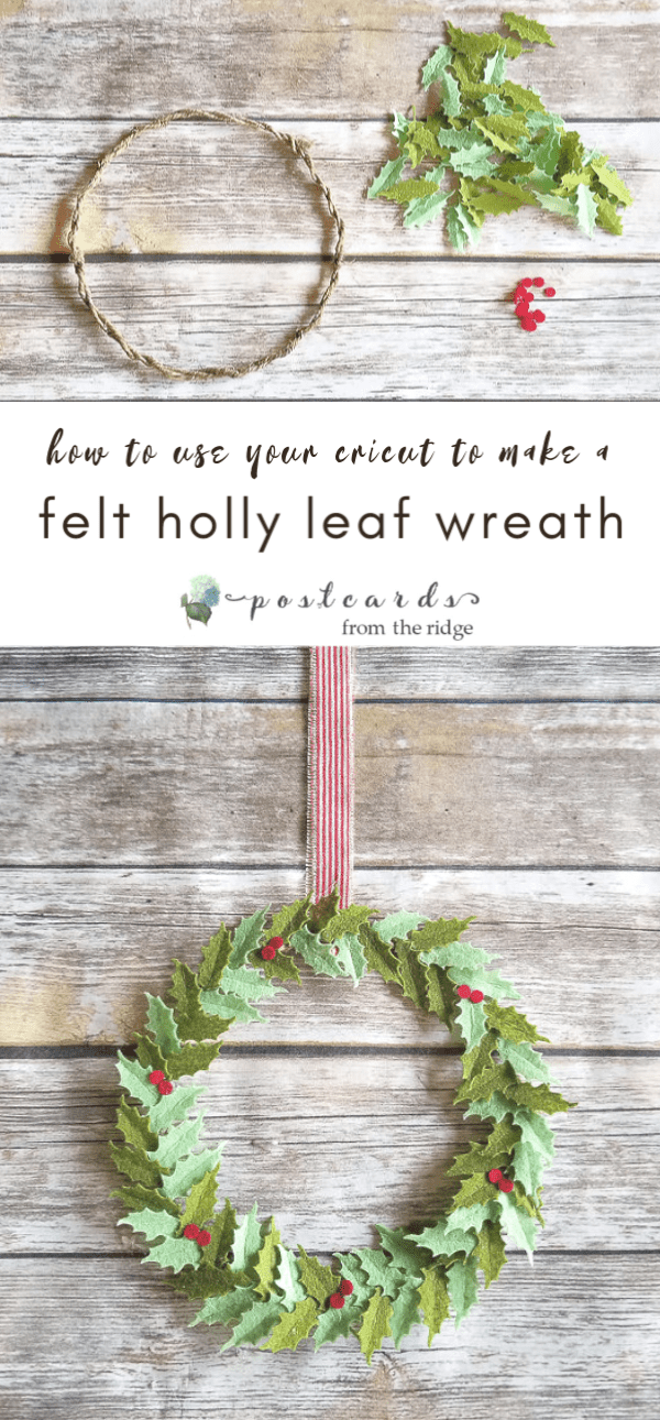 felt holly wreath with red stripe ribbon