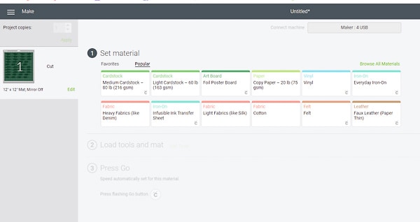 screen shot of materials list in cricut design space