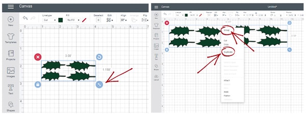 screen shot tutorial for holly leaves from cricut design space