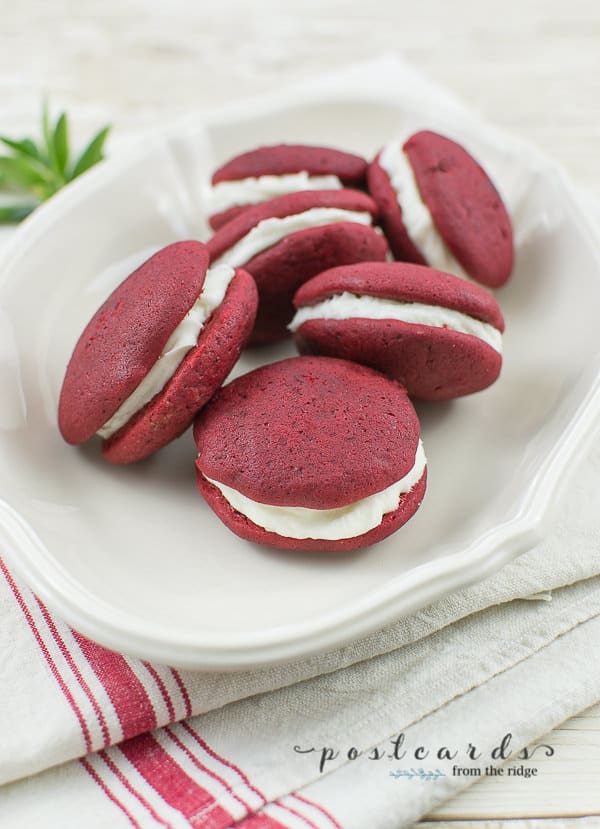 red velvet whoopie pies with peppermint cream cheese filling